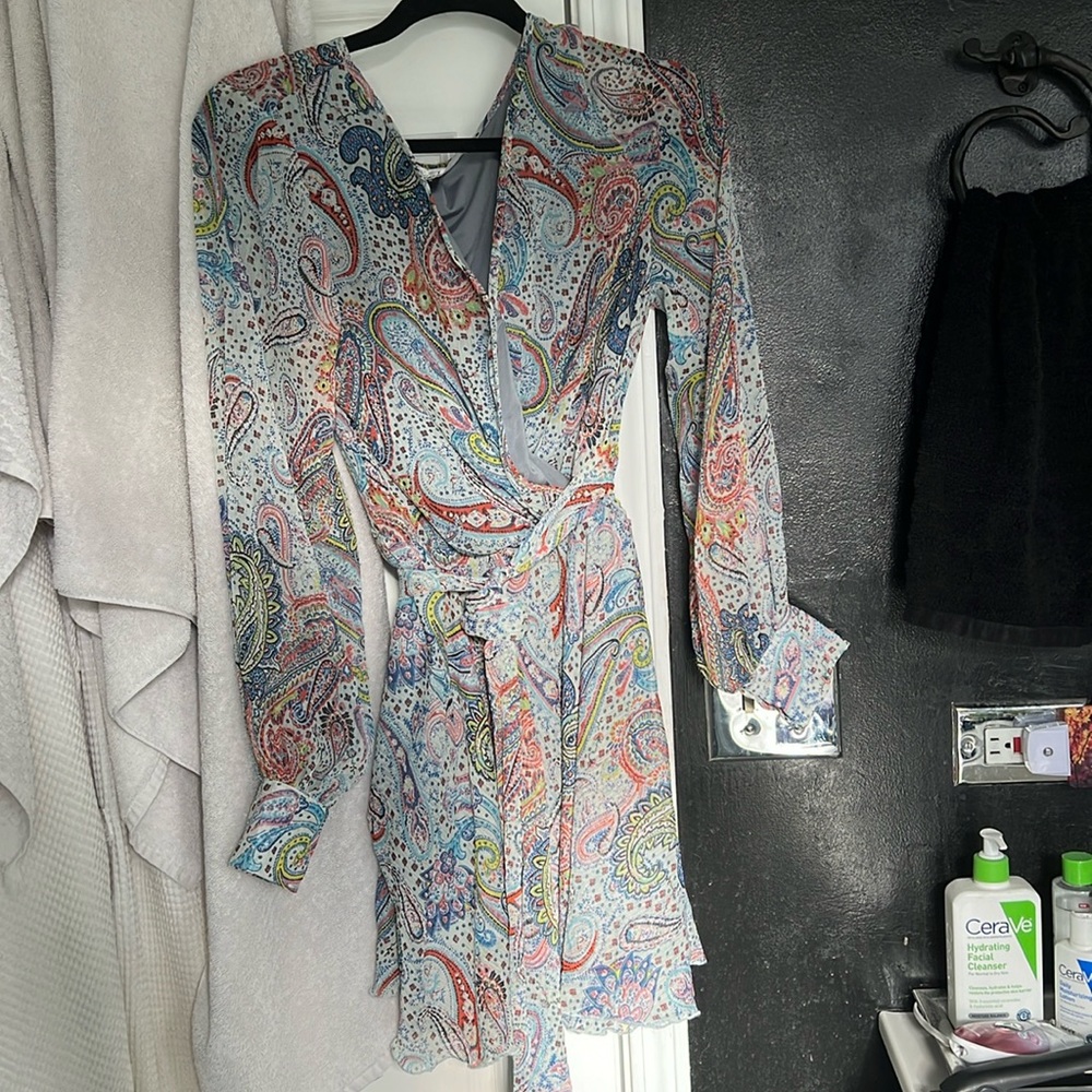 Meghan Fabulous Dress Paisley Print  Mini Knot Side Wrap Long Sleeve Sheer